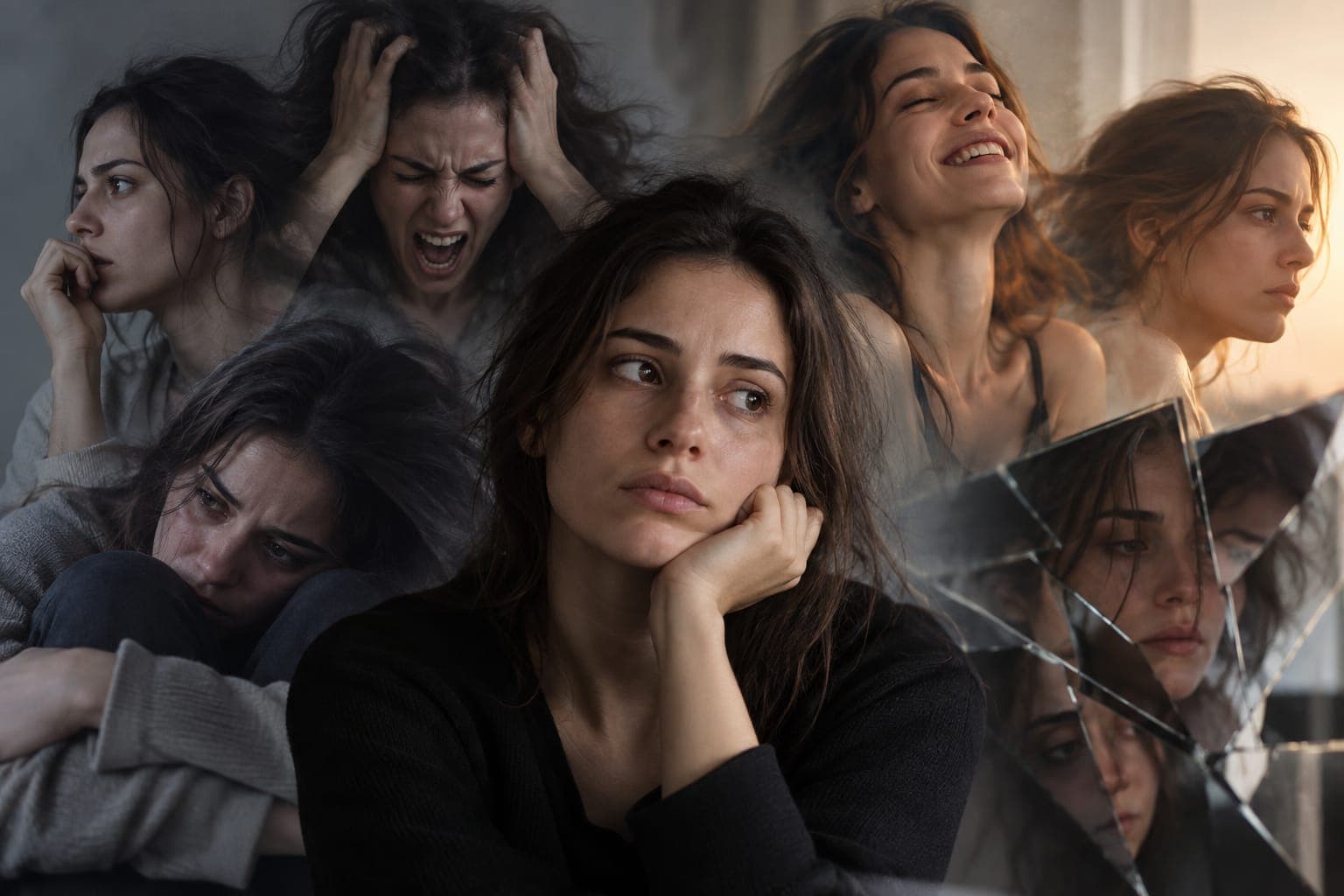 Colaj cu mai multe expresii emoționale ale aceleiași persoane, de la tristețe și furie la bucurie